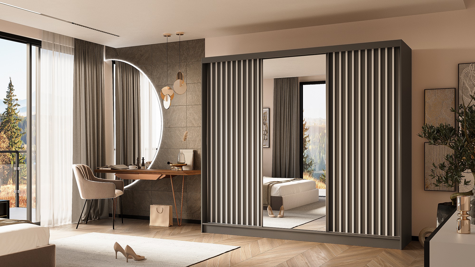 Schrank Gaja 240 schwarz matt / schwarz matt mit Spiegel und Lamellen weiß matt 