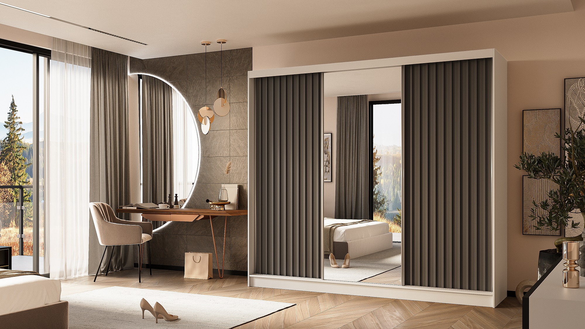 Schrank Gaja 240 weiß matt / graphite Grey mit Spiegel und Lamellen graphite Grey 