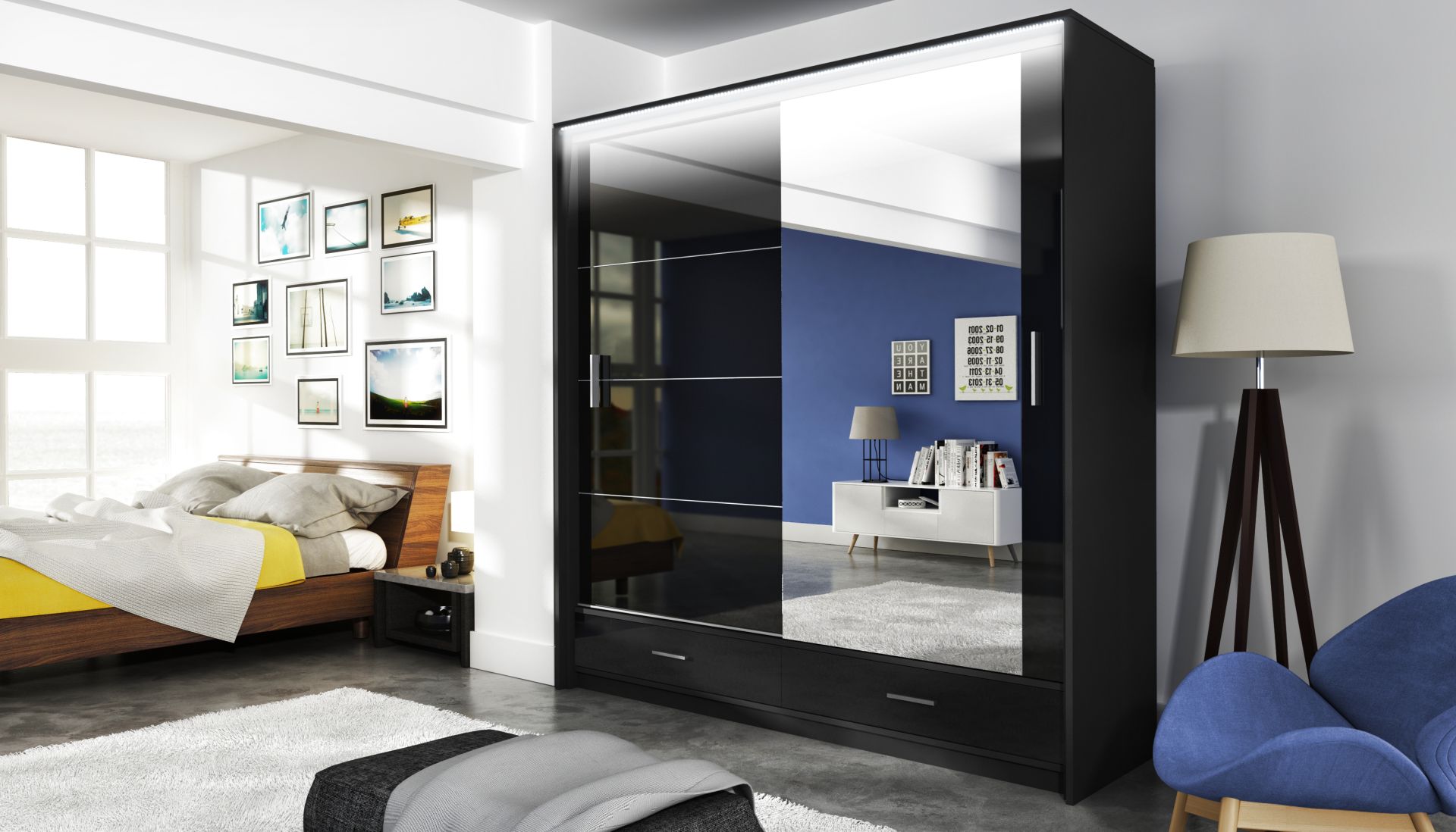 Schwebetürenschrank Marseille 203 Schwarz Hochglanz