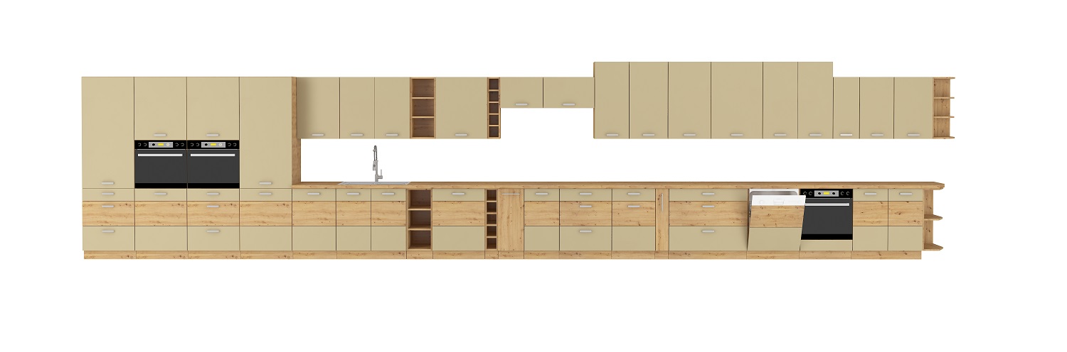 Eckküche Artisan 275/170 cm Cappuchino Hochglanz – Eiche